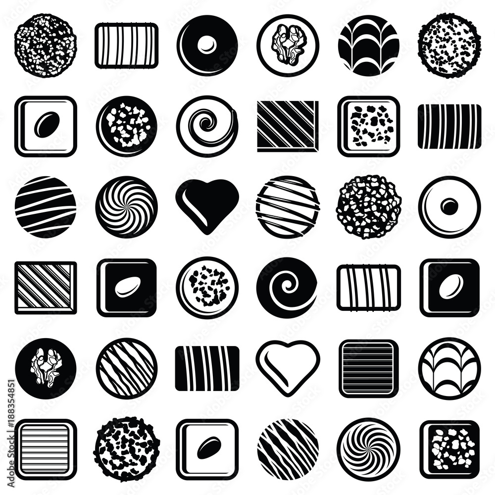 Chocolate pralines candies icon collection - vector outline illustration and silhouette