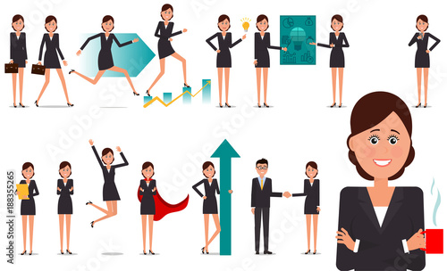 Set of vector business woman characters on white background, isolated objects.
