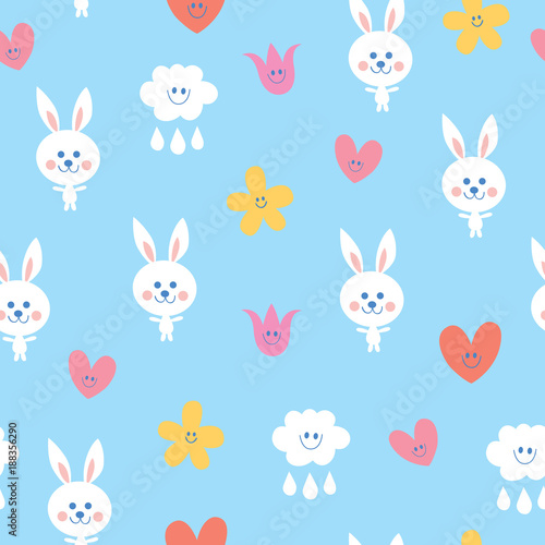 baby bunnies flowers clouds hearts sky seamless pattern