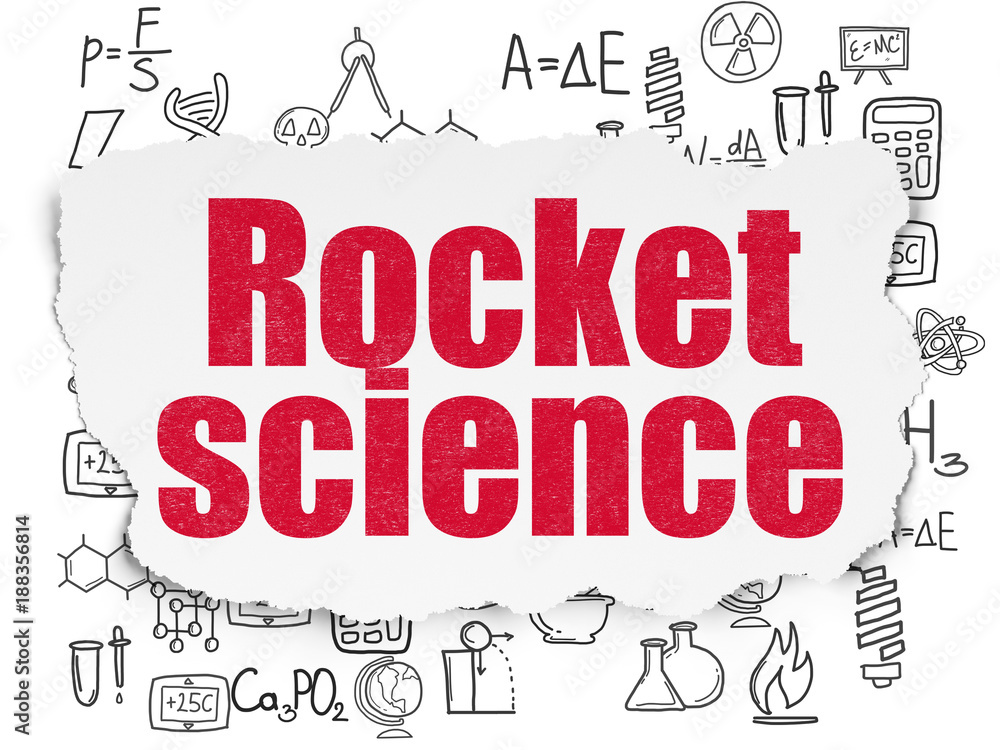 Science concept: Painted red text Rocket Science on Torn Paper background with  Hand Drawn Science Icons