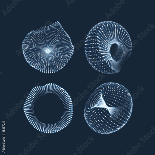 Geometric shape for design. The torus consisting of points. Molecular grid. 3D technology style. Vector illustration.