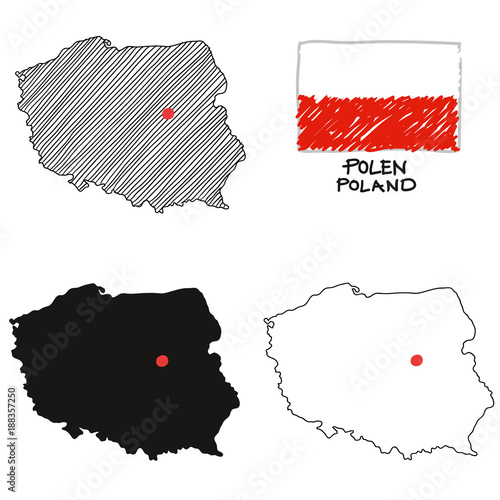 Polen Poland Landkarte Zeichnung schraffiert Umriss mit Fahne