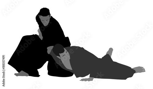 Fight between two aikido fighters vector silhouette symbol illustration. Sparring on training action. Self defense, defence art excercising concept.
