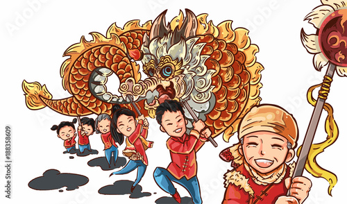 Happy family dragon dance