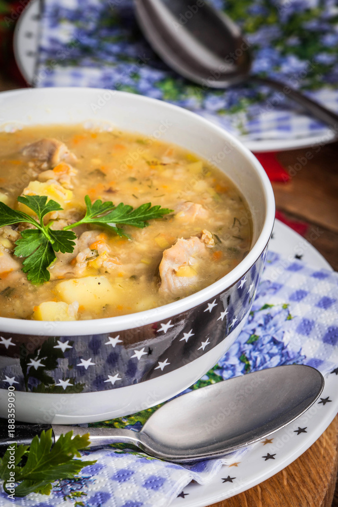 Soup with barley and chicken gizzards. Soup with barley and chicken gizzards.