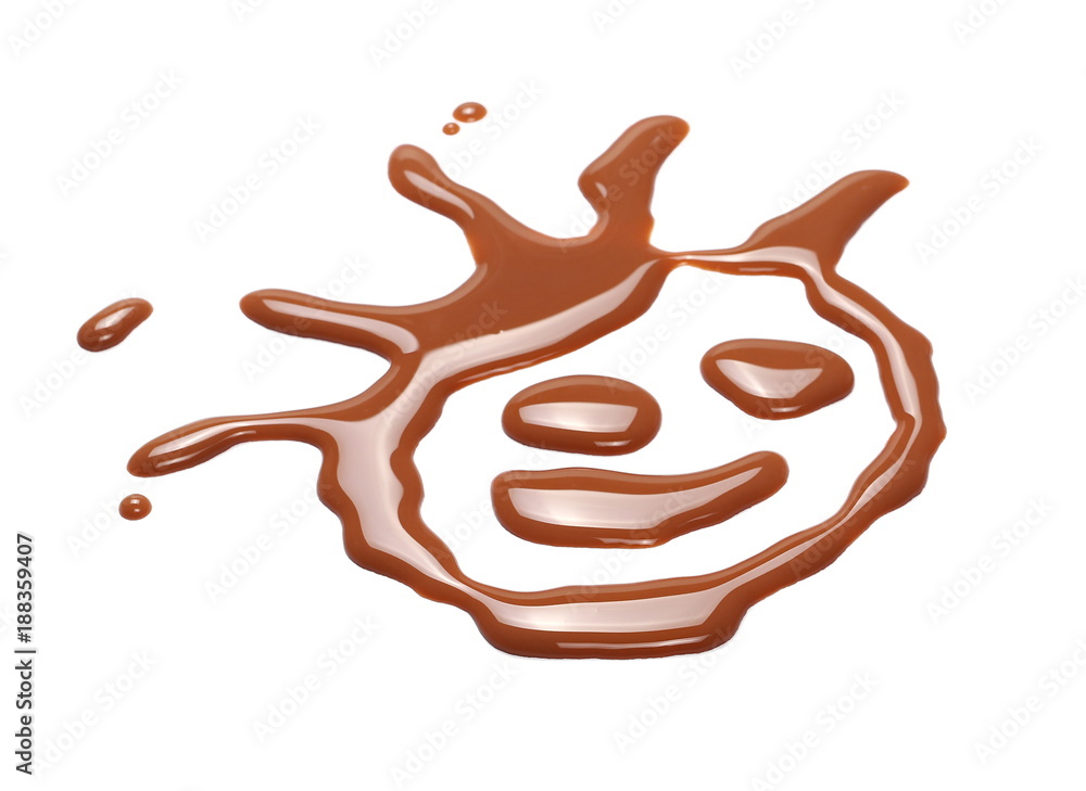 Spilled chocolate milk puddle, emoji, smiley face isolated on white