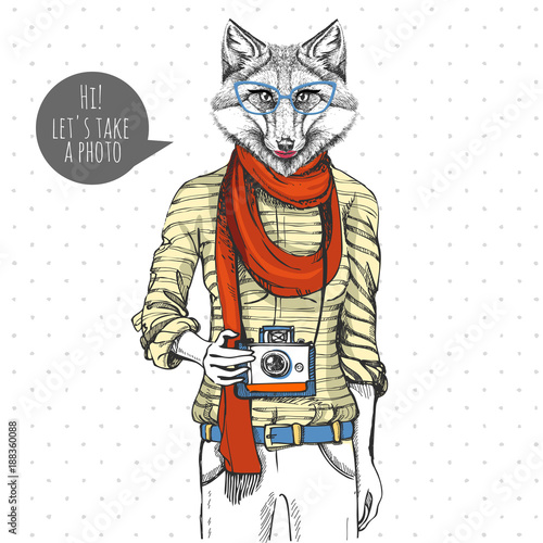Retro Hipster animal fox with photo camera. Woman model