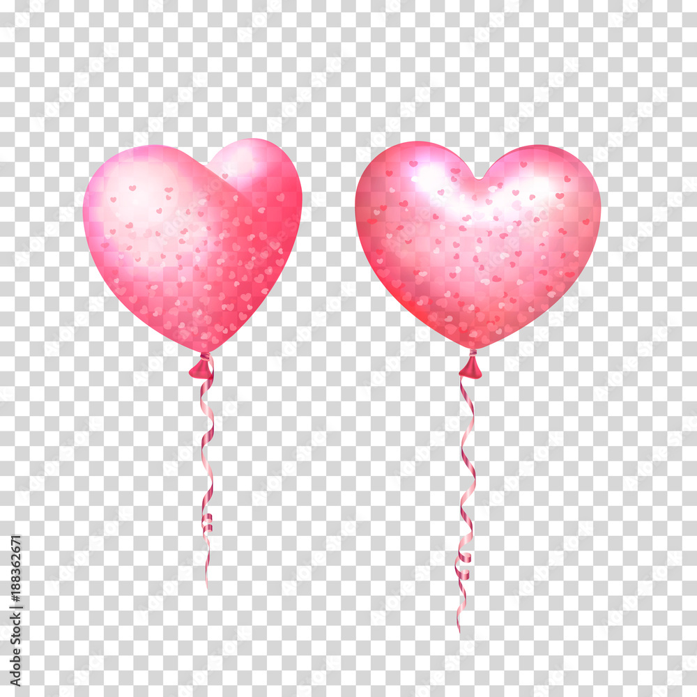 Party decorations for birthday, anniversary, celebration. Inflatable air flying balloons in form of hearts with confetti. Isolated and transparent with glass shine. Vector illustration