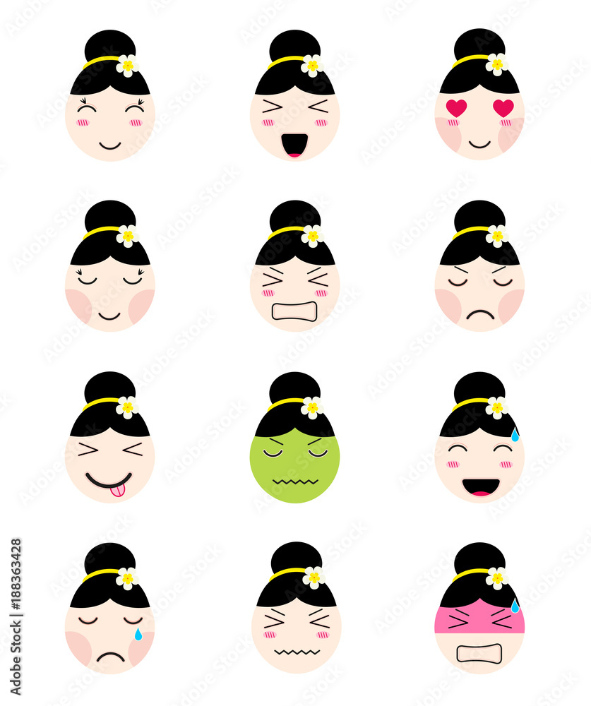Cute emoji collection. Kawaii asian girl face. Set of flat emoticon in anime  style. Isolated thai girl icons with emotions smile, cry, sad, angry,  laughing, loved. Vector EPS10 illustration. Stock Vector |