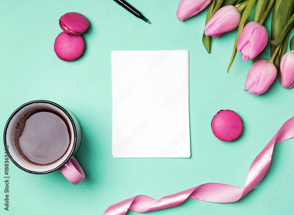 Coffee, tulips and other objects of pink color Coffee, tulips and other objects of pink color