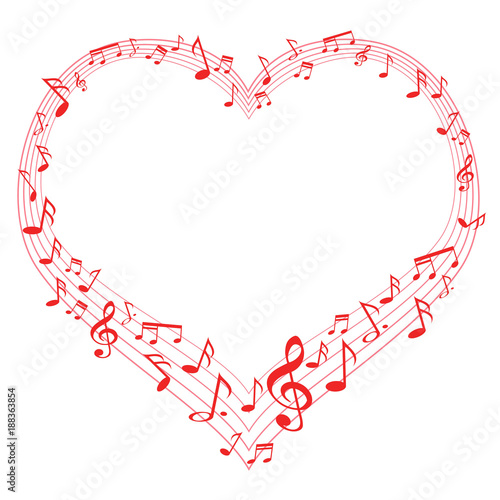 Music of love, music notes in heart shape