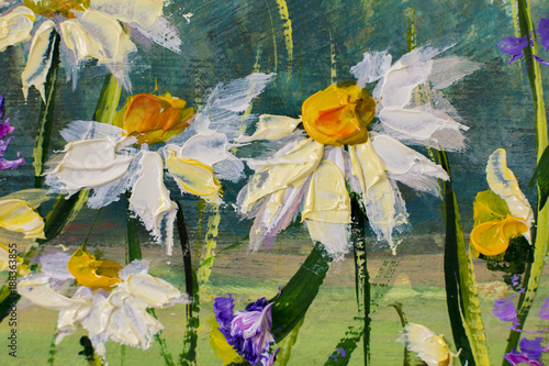 Obraz na płótnie Obraz olejny kwiatów białych stokrotek, piękne kwiaty polne na płótnie. Nóż paletowy Grafika Impastowa. Ręcznie malowane kompozycje kwiatowe.