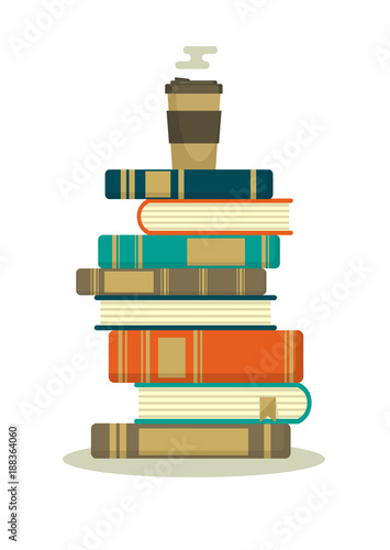 Stack of books with hot coffee. Books stack with paper coffee cup isolated on white background. Reading time vector illustration.