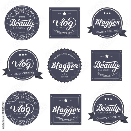 Collection of Badges Video Blogger,  Beauty, Vlog Video with Hand Drawn Lettering Isolated in White Background. Set of Black Logo Emblems Vector Illustration. Can be used for Logotype, Branding.
