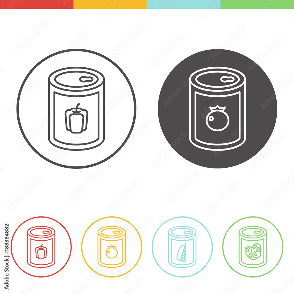 Canned vegetables vector icons in thin line style Canned vegetables vector icons in thin line style
