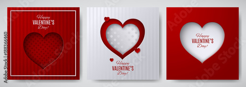 Valentine's day design set. Greeting card, poster, banner collection. Cutted paper heart on white / red striped / dotted satin background, paper cut out art style. Vector illustration, layers isolated