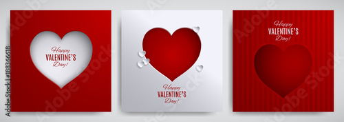 Valentine's day set. Greeting card, poster, flyer, banner design collection. Cutted paper heart on white / red striped satin background, paper cut out art style. Vector illustration, layers isolated