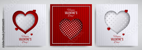 Valentine's day design set. Greeting card, poster, banner collection. Cutted paper heart on white / red striped / dotted satin background, paper cut out art style. Vector illustration, layers isolated