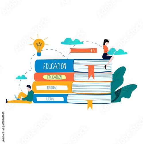 Education, online training courses, distance education vector illustration. Internet studying, online book, tutorials, e-learning, online education design for mobile and web graphics