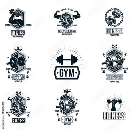 Set of vector fitness workout and weightlifting gymnasium theme logotypes and inspiring posters made using dumbbells, disc weights sport equipment and muscular athlete body silhouettes.