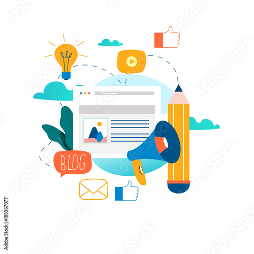 Blogging, education, creative writing, content management, writing articles, news, copywriting, seminars, tutorials, workshops flat vector illustration design for mobile and web graphics