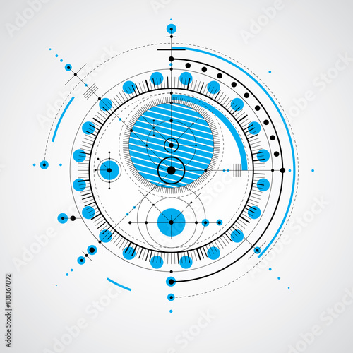 Technical drawing made using dashed lines and geometric circles. Vector wallpaper created in communications technology style  engine design in blue color.