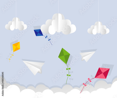 Paper airplane and kite in the sky. Cartoon flat vector illustration. Objects isolated on a