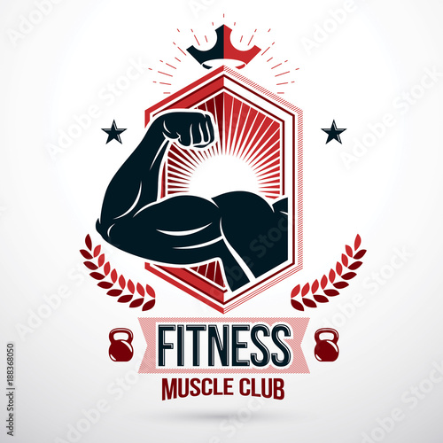 Graphic vector sign created with strong athlete biceps arm, royal crown and kettle bell sport equipment. Bodybuilding weightlifting gym emblem, sport club