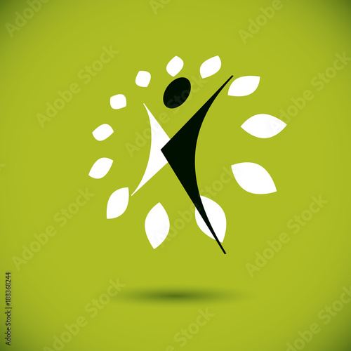 Vector illustration of happy abstract individual with raised hands up. Go green idea creative logo. Healthy lifestyle metaphor. Environmental conservation theme symbol.