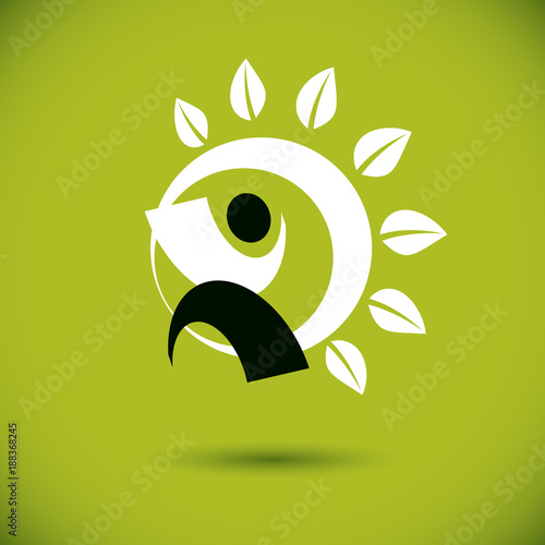 Vector illustration of happy abstract individual with raised hands up. Go green idea creative logo. Vegetarian theme logotype. Wanderlust and countryside vacation icon.