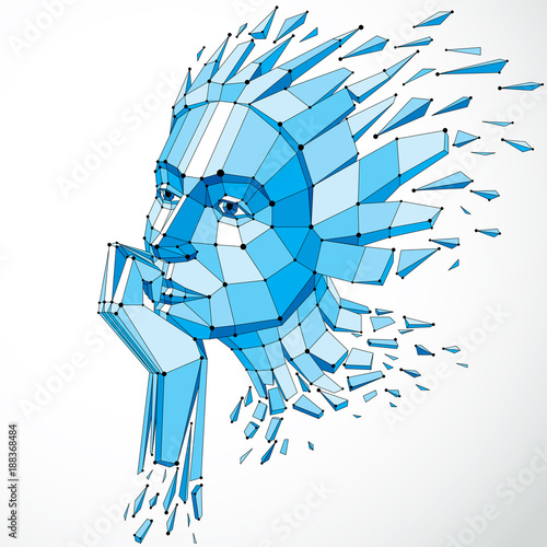 Vector dimensional low poly female portrait with lines mesh, graphic illustration of human head broken into fragments. 3d demolished wireframe object created with fractures and different particles
