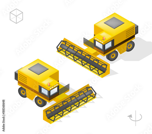 Set of Isolated Isometric Minimal City Elements . Harvester with Shadows on White Background