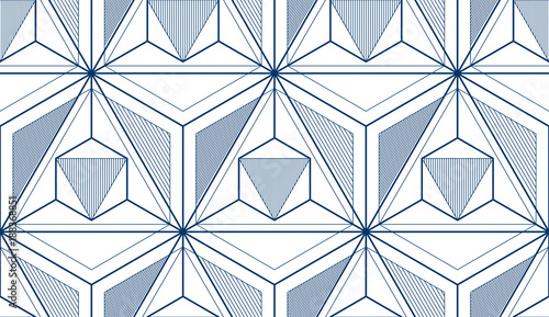Geometric cubes abstract seamless pattern, 3d vector background. Technology style engineering line drawing endless illustration. Single color, black and white.