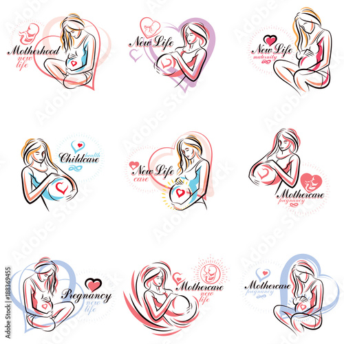 Attractive pregnant woman body silhouette drawings. Vector illustration of mother-to-be fondles her belly. Obstetrics and gynecology clinic advertising banner