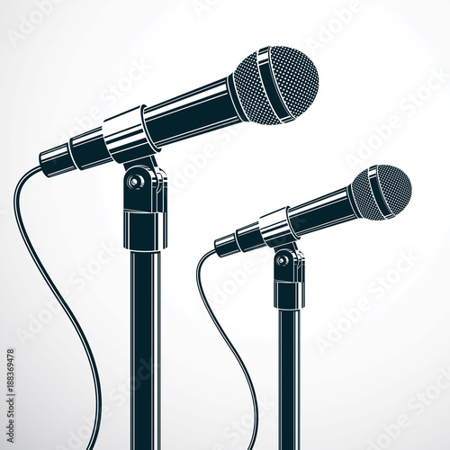 Stage microphones vector illustration isolated on white. Press conference, influence of social message.
