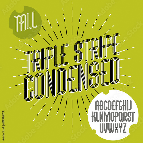 Vector funky capital English alphabet letters collection. Cool condensed font, script from a to z can be used in poster art. Created using triple stripy, parallel lines.