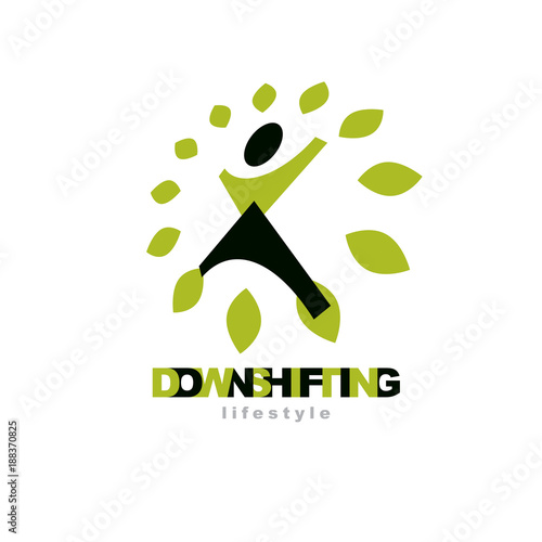 Vector illustration of joyful abstract individual with raised hands up. Downshifting concept logo. Wellness and harmony symbol. Wanderlust and countryside vacation icon.