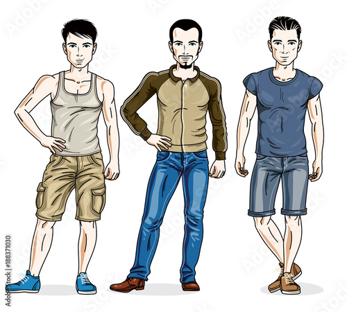 Handsome young men posing wearing casual clothes. Vector set of beautiful people illustrations. Lifestyle theme male characters.