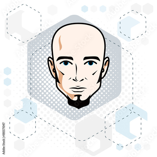 Caucasian man face, vector human head illustration. Attractive hairless male with beard, hipster