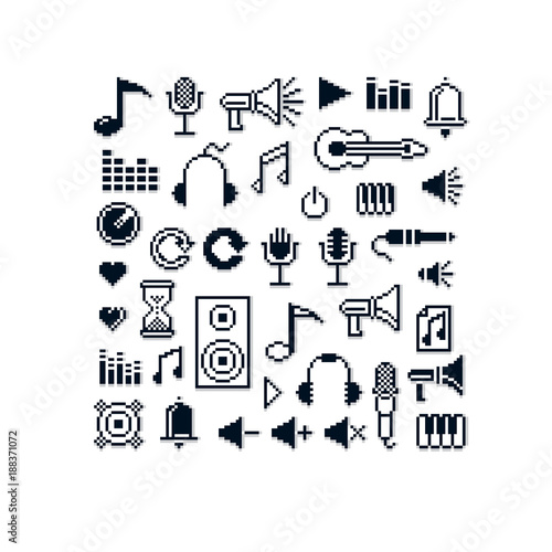 Vector pixel icons isolated, collection of 8bit music graphic elements. Simplistic digital signs created in music and media theme.