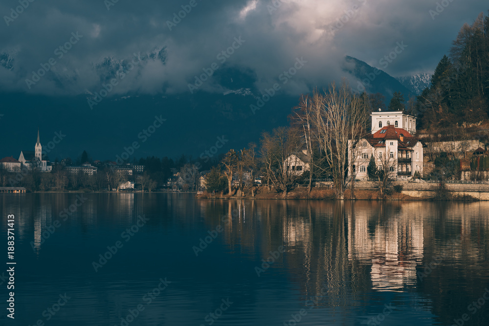 Fototapeta premium Castle of Bled. Bled castle. Sunset view of lake bled and mountains.