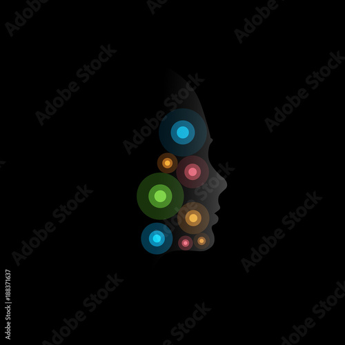 Colofrul circles, abstract unusual cosmic vector logotype on black background with face mystic silhouette. Facial points logo.