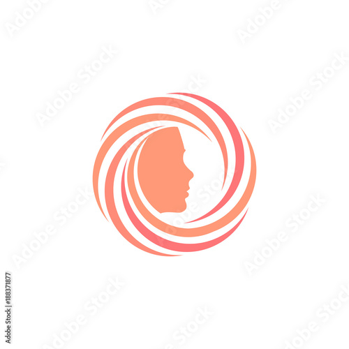 Circular logo with a face inside the ring. Abstract hair care products symbol, shampoo and hair styling styles for women and girls round vortex logo.