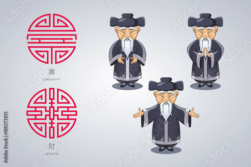 et of vector illustration gray-haired Asian old man in national clothes in different poses. Ancient symbol of longevity and wealth.