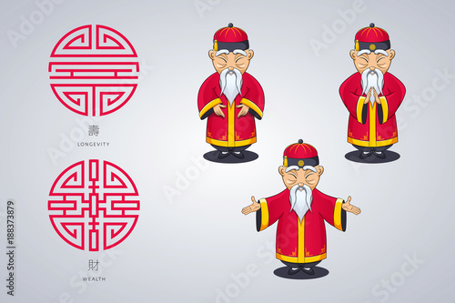 et of vector illustration gray-haired Asian old man in national clothes in different poses. Ancient symbol of longevity and wealth.