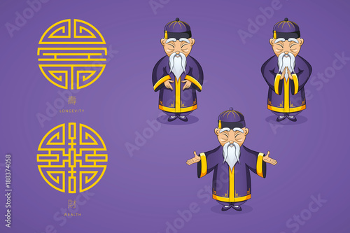 et of vector illustration gray-haired Asian old man in national clothes in different poses. Ancient symbol of longevity and wealth.