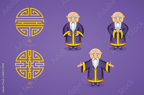 et of vector illustration gray-haired Asian old man in national clothes in different poses. Ancient symbol of longevity and wealth.