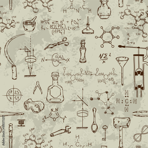 Seamless pattern with vintage science objects. Scientific equipment for physics and chemistry. Vector illustration