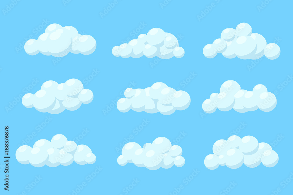 Set of cartoon vector clouds. Isolated Illustration on blue background.