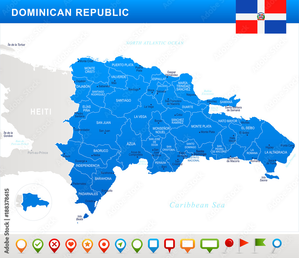 Dominican Republic - map, flag and navigation icons - Detailed Vector Illustration